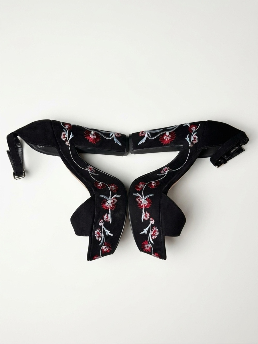 JustFab Black Embroidered Floral Ankle Strap Heels